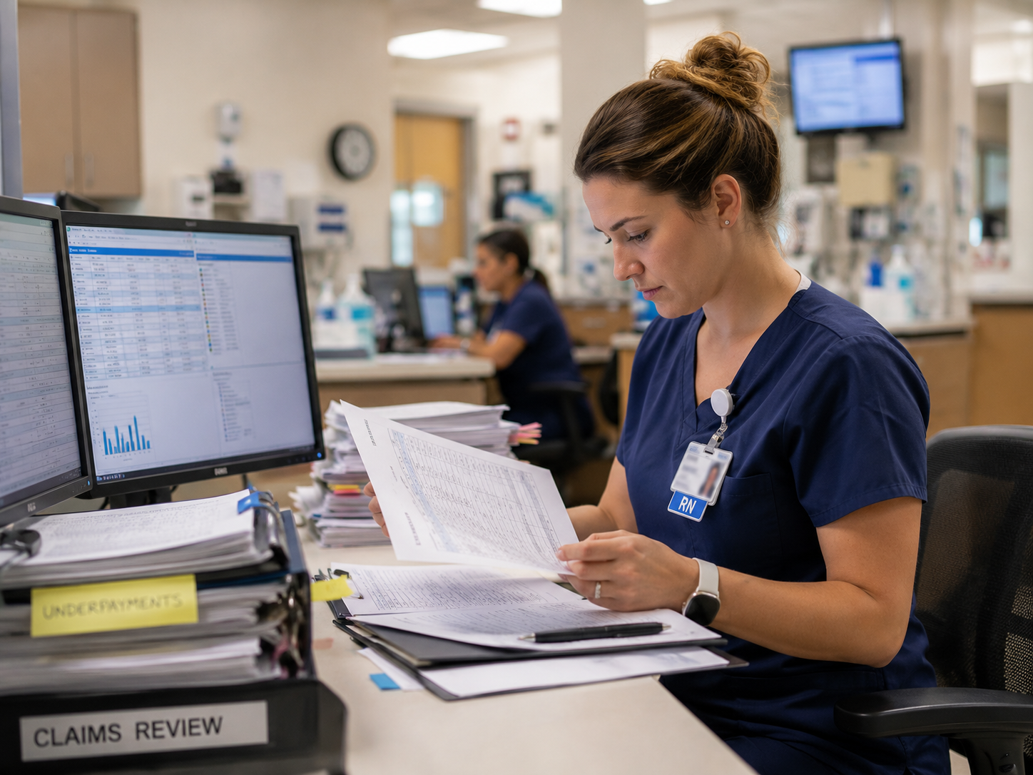 Bright modern American hospital administration lobby with reception desk, clean architecture, seating area, and healthcare administrative environment